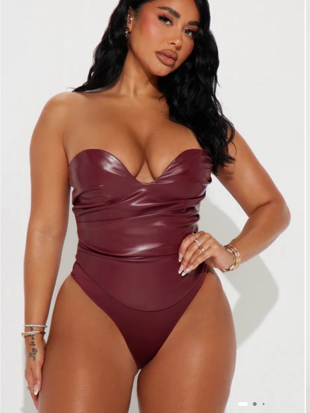 Fashion Nova Strapless Faux-Leather One-Piece Swimsuit - Burgundy